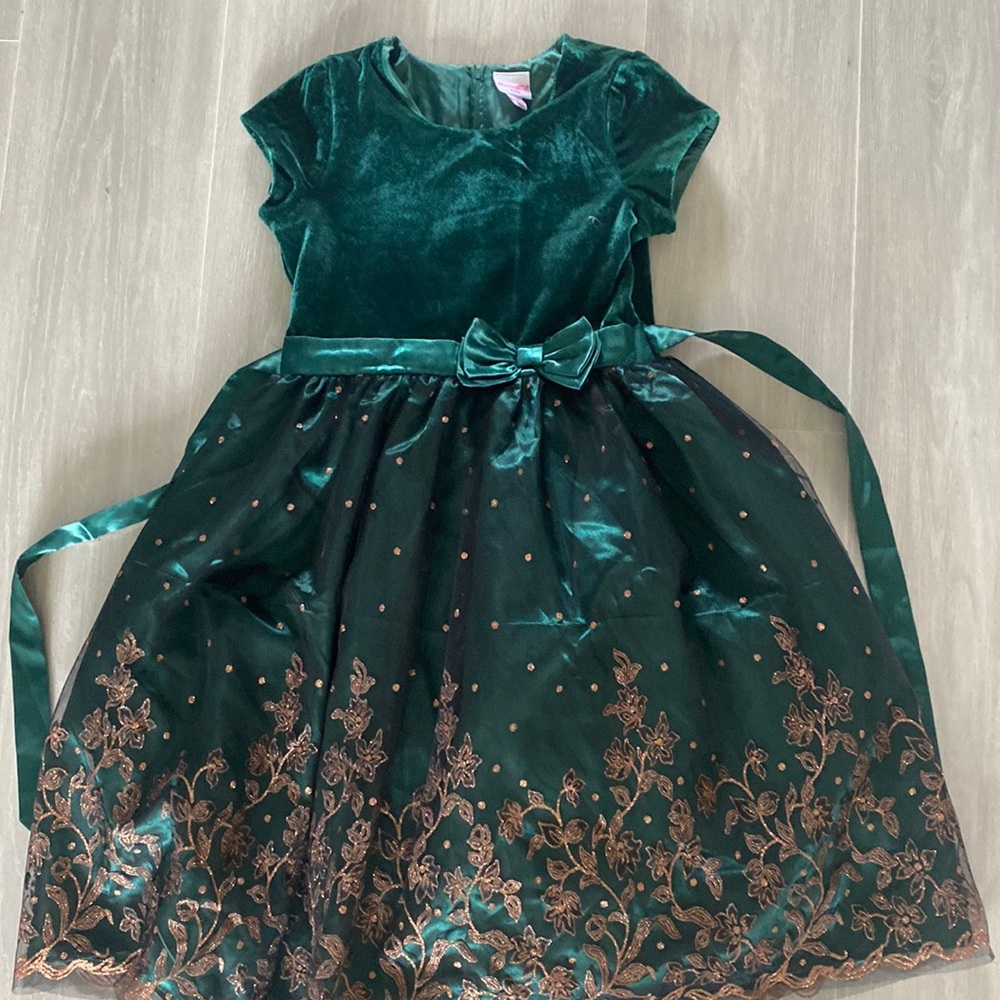 Kids dress size 12. Green with gold accents. Zips in the back. Worn once